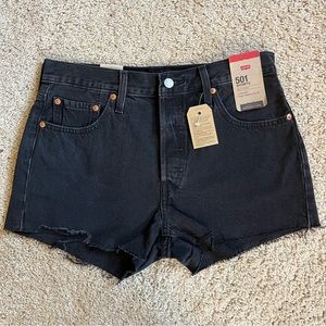 Levis 501 High Rise Jean Shorts Premium Black Button Fly Raw Hem